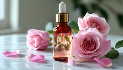 Elegant glass dropper bottle of rose-infused serum placed on marble stand surrounded by delicate pink roses and petals, showcasing a luxurious natural beauty product in soft focus