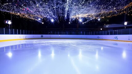 Aufkleber - Beautifully lit ice skating rink at night with twinkling string lights reflecting on the glistening ice, creating a serene winter scene perfect for festive fun outdoors