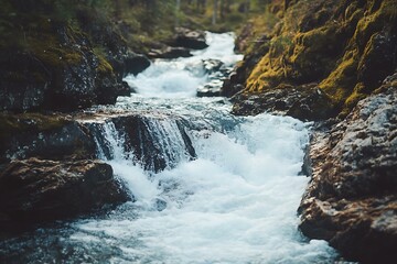 Wall Mural - Close Up of Foamy Waterfall Surrounded by Mossy Rocks