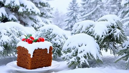 Poster - Christmas cake with red berries and green leaves on a snowy table, surrounded by snow covered pine trees in a winter forest