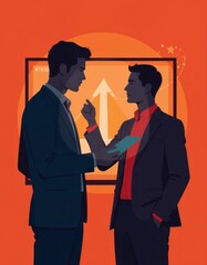 Retro illustration, two silhouetted businessmen arguing, orange background, rising sun, upward arrow, black rectangular frame, contrasting profiles, minimalist style, corporate conflict, power dynamic