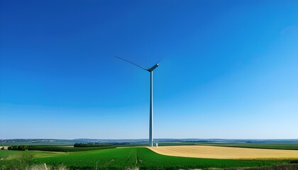 Wall Mural - Sustainable energy landscape featuring wind turbines, lush farmland, and a vibrant blue sky