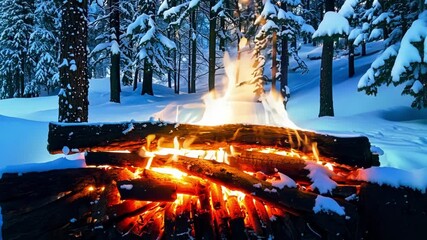 Poster - Cozy campfire burns brightly in a snowy forest, providing warmth and light in a tranquil wilderness setting