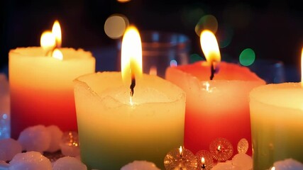 Poster - Colorful candles burning, creating a warm, romantic atmosphere with glowing bokeh lights in the background. Flickering flames illuminate the night, perfect for a cozy celebration