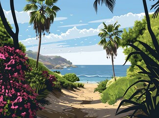 Poster - Tropical Beach Landscape Illustration with Palm Trees and a Single Person