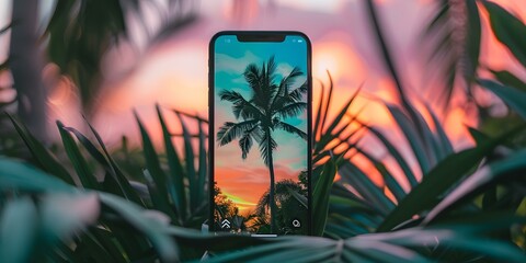 Poster - Palm Tree Silhouette on Smartphone Screen at Sunset