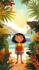 Canvas Print - Little Girl Standing in Tropical Jungle Illustration