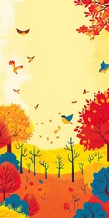 Wall Mural - Autumn Landscape With Falling Leaves And Birds