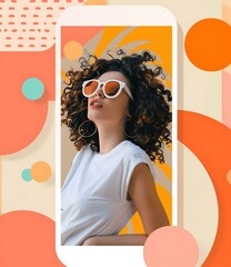 Wall Mural - Woman with Curly Hair and White Sunglasses in a Collage of Circles