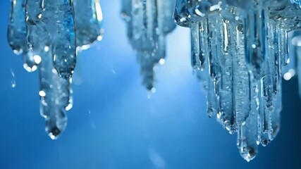 Aufkleber - Melting icicles drip water on a winter day, against a blurred blue background, capturing nature's beauty in the frosty season