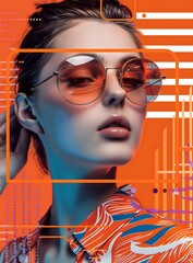 Sticker - Woman Wearing Orange Sunglasses  With Geometric Shapes