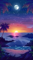 Canvas Print - Tropical Beach Sunset with Palm Trees and Full Moon