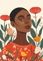 Sticker - Black Woman in Red Dress with Flowers