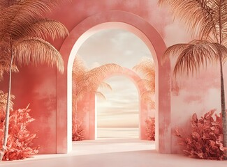 Wall Mural - Pink Arches and Palm Trees Leading to a Beach