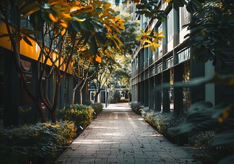 Poster - Pathway Through Modern Building With Lush Greenery