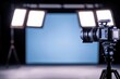 © POOM - Professional Video Camera on Tripod in Studio with Blue Screen and Lights