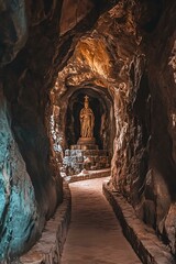 Stone Pathway Leading to a Statue in a Cave