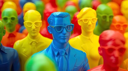 Vibrant Plastic Figures Poster: Eye-Catching Blue Male with Glasses & Yellow Female Amidst Red & Green Companions – Perfect for Sports or Youth Room Decor!