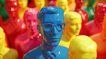 Vibrant Plastic Figures Poster: Eye-Catching Blue Male with Glasses & Yellow Female Amidst Red & Green Companions – Perfect for Sports or Youth Room Decor!