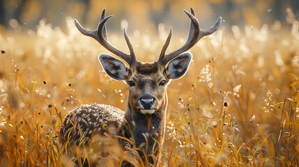 a deer with antlers in tall grass, resting on the edge of an open field Web banner with empty space