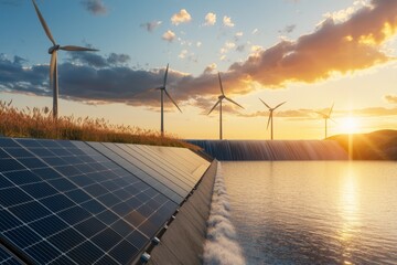 Aufkleber - Wind turbines, solar panels, and dams generate electricity. An environmentally friendly renewable energy concept.