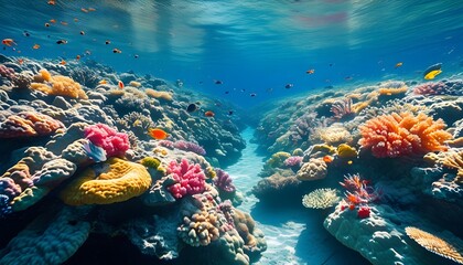 Vibrant coral reef teeming with tropical fish amidst the stark contrast of underwater pollution in crystal-clear ocean waters