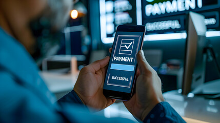 businessman holding a mobile phone showing a successful digital online cashless payment on the screen, with the text 