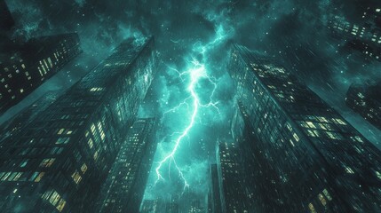 Capture a strong lightning bolt at close range, striking two towering skyscrapers and illuminating the dark city sky with bright and jagged light.