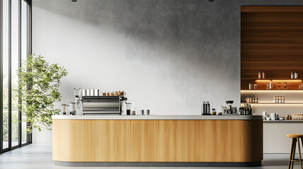 modern cafe interior with island and cooking space, mockup wall