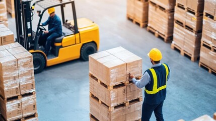 Workers organizing shipments on industrial pallets, forklifts in motion, Shipments, Loading Docks, Industrial Workflow