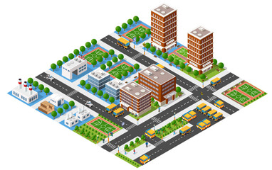 Wall Mural - Isometric city illustration with schools, factories, offices, basketball courts, roads, trees, cars and people walking