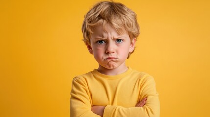 Blond boy with arms crossed and an angry expression on a colored background.