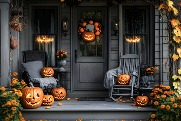 Wall Mural - Halloween pumpkins jack o' lanterns, flowers and chairs on front porch, exterior home decor, seasonal decorations, gray and white