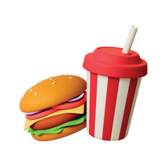 Wall Mural - Burger drink 3d elements. Fast food restaurant popular combo, cold lemonade and burgers with meat cheese green tomatoes. Vector realistic cheeseburger