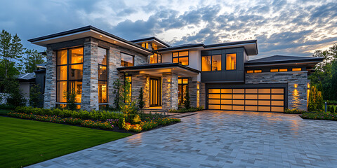 Wall Mural - Modern luxury home exterior, evening dusk, paver driveway and faux stone veneer siding, wide banner