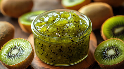 Close-up of fresh kiwi jam in a glass jar surrounded by ripe whole and sliced kiwis, showcasing healthy, homemade preserves with natural sweetness and vibrant green color.