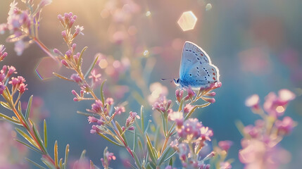 Poster - Blue Butterfly on Pink Flowers in a Summer Garden