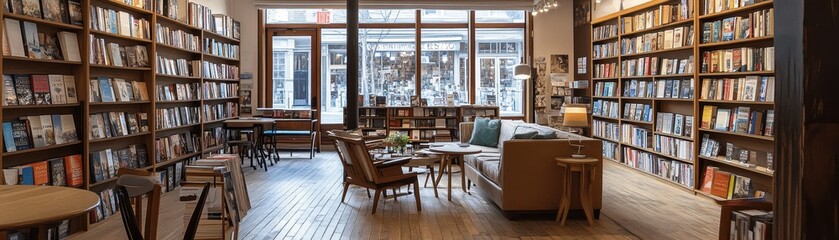 Cozy Bookshop Interior with Wooden Shelves and Furniture