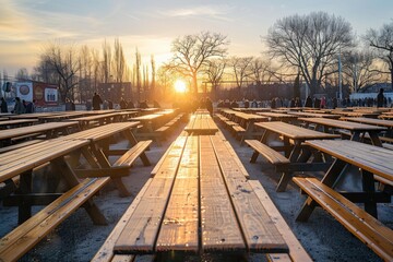 Rows of wooden picnic tables stand empty in a park at sunset, bathed in golden light.