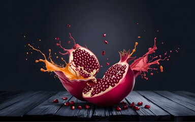 Pomegranate fruit halves with juice splash on dark background.