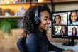 © blinkstud.io - Happy african American woman working remotely on a virtual video team meeting call, headset, remote work and flexible culture concept. Inclusive and diverse workplace. DEI remote working.