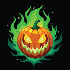 Glowing jack-o'-lantern with green flames, illustration on white background.