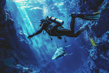 Professional diver exploring underwater life world flora fauna, Generative AI