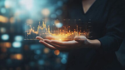 Poster - a person holds a digital interface displaying vibrant data analysis in a futuristic urban setting at