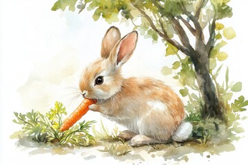 Watercolor Illustration of a Cute Bunny Eating a Carrot.