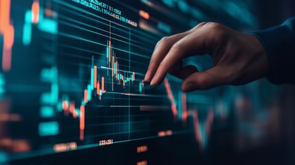 Poster - A person analyzing financial data on a touchscreen display in a dimly lit office during late evening hours