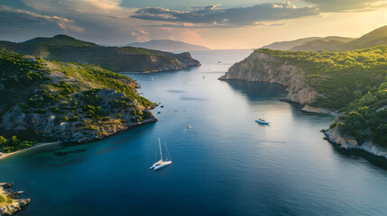 Wall Mural - Stunning Aerial View of a Secluded Bay with a Yacht Sailing