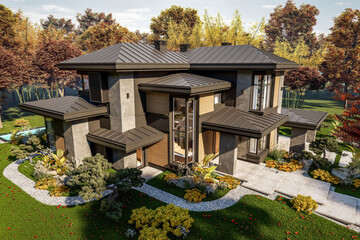 3d rendering of modern two story house with gray and wood accents, large windows, parking space in the right side of the building, surrounded by trees and bushes, daylight in autumn day