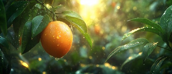 A juicy orange on a branch, covered in dew drops, with warm sunlight shining through the leaves.