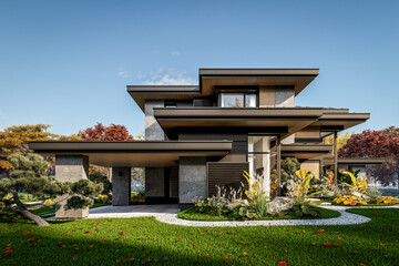 Wall Mural - 3d rendering of modern two story house with gray and wood accents, large windows, parking space in the right side of the building, surrounded by trees and bushes, daylight in autumn day